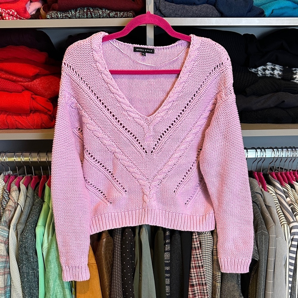 Kendall & Kylie pinkish purple long sleeve v neck open knit sweater size S